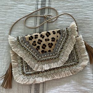 Shashi Leopard Boho Purse With Tassels and Beadwork